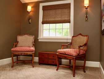 Pair Of French Provincial Cane Chairs With Removable Coral Ogee Custom Made Seat Cushions