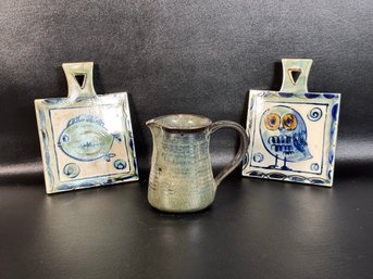 A Grouping Of Vintage Handcrafted Ceramics: Studio Pottery Pitcher & Glazed Ceramic Trivets