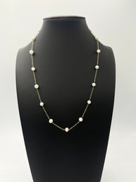 Delicate & Elegant White Pearl Station Necklace In 10k Yellow Gold