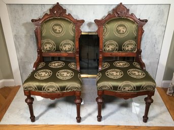 Gorgeous Pair Of Antique Eastlake Victorian Chairs - 1870-1890 - Redone In Lovely Expensive Silk Upholstery