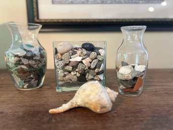 Glass Vases With Beautiful Sea-glass, Seashells & Smoothed Ocean Stones - PLUS 1 Conch Shell     LR