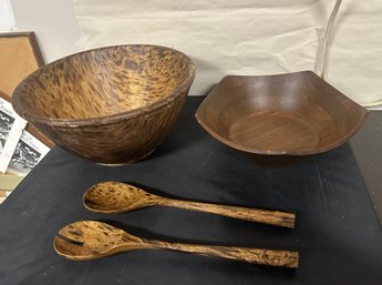 Rubber Wood Home Wooden Bowl Somerset Thailand & Spoons, Solid Black Walnut Made In Us Bowl. RC - A5