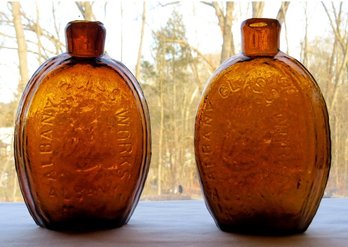 Two Albany Glass Works Pontiled Flasks - George Washington & Sailing Ship