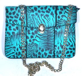 Contemporary Turquoise Colored Vinyl Ladies Purse Tiger's Skin Pattern