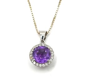 Beautiful Sterling Silver Amethyst Color White Stones Pendant Necklace