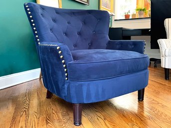 An Elegant Modern Tufted Arm Chair In Royal Blue Ultrasuede