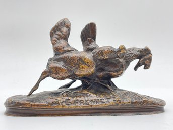 Emmanuel Fremiet  (1824-1910) Signed Bronze Sculpture Of Two Chickens On A Chase.
