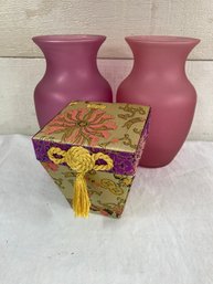 2 Vases Lavender And Pink With A Fancy Little Box For Treasures