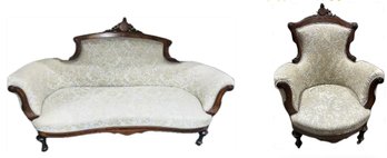 Lovely Victorian Vintage Upholstered Sofa And Matching Chair