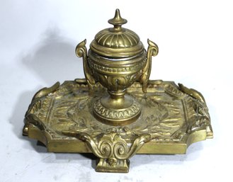 Antique Brass Urn Formed Inkwell Stand Continental