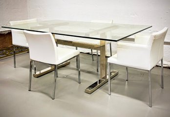 A Modern Glass And Chrome Dining Table And Set Of 4 Leather Chairs