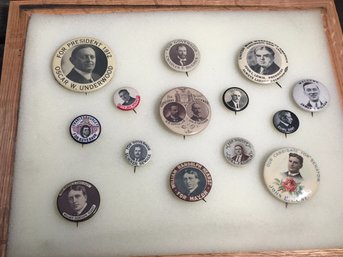 Lot Of 14 Antique / Vintage Political Pins - Hearst - Underwood - Hurley - Franklin - Root - Pinchot & More !