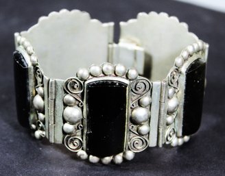 Large Vintage Mexican Alpaca Silver Obsidian Stone Link Panel Bracelet