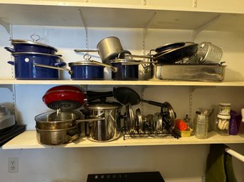 COBALT BLUE POT SET AND OTHER POTS AND PANS