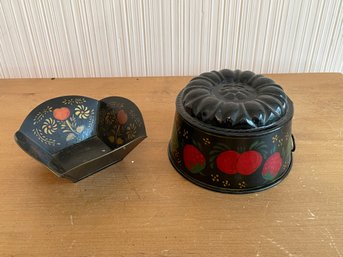Vintage Toleware Black Floral Metal Bowl And Painted Mold