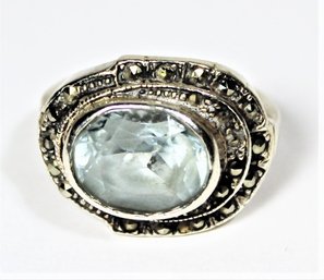 Sterling Silver Marcasite Blue Topaz Ladies Ring Size 6