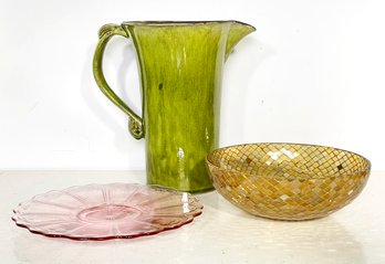 A Green Italian Ceramic Pitcher From Bergdorf Goodman And Pink L.E. Smith Glass Platter And More
