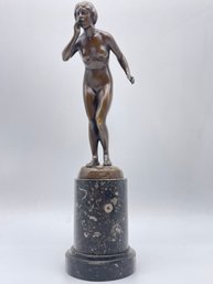 Vintage Hans Rieder Signed Bronze Art Deco Sculpture Of A Naked Woman On A Marble Base.
