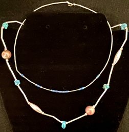 Vintage Lot - Sterling 925 Tube & Blue Bead Chocker & Silver Tube Turquoise & Silver Bead Necklace