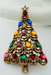 VINTAGE COLORFUL GOLD TONE RHINESTONE CHRISTMAS TREE BROOCH