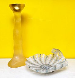 A Vintage Art Glass Ash Tray And Candlestick