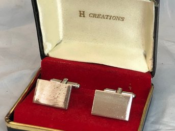 Very Nice Vintage HAYWARD CREATIONS Sterling Silver Cuff Links With Original Box - Tapestry / Pinstripe Design