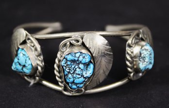 Vintage Alpaca Silver Southwest Cuff Bracelet Having Genuine Turquoise Stones