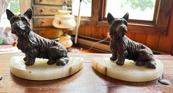 Vintage Scottish Terriers On Marble Bases Bookends 1940s-50s Cold Painted Pot Metal(possible Cast Brass Molds)