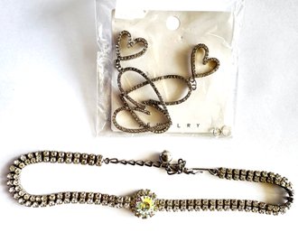 Vintage Rhinestone Necklace & New Dangling Hearts Rhinestone Earrings