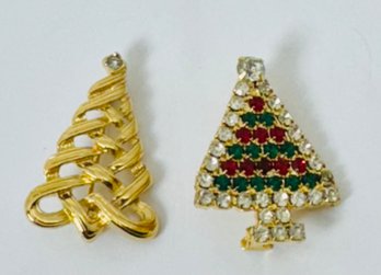 TWO SMALLER GOLD TONE CHRISTMAS TREE BROOCHES - RHINESTONE AND AVON GOLD TONE