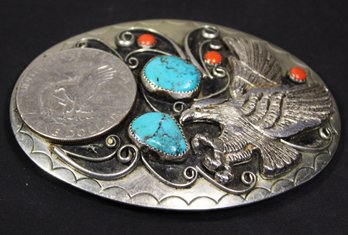 Large Southwestern Silver Oval Belt Buckle Silver Dollar Turquoise Coral Stones