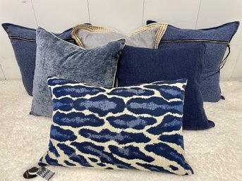 Six Blue Throw Pillow Collection Including Animal Print & Denim Tweed