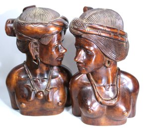 Pair Carved Wood Busts Of Nudes Ethnographic
