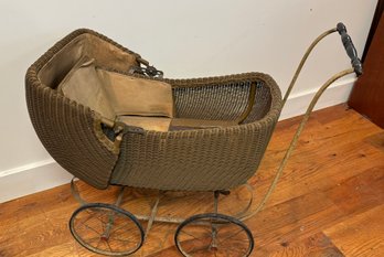 A Vintage Wicker Doll Carriage 16wide X  33.5 Long X 30h