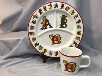 Very Nice TIFFANY & CO Baby Feeding Set - Alphabet Bears By Tiffany & Co - Two Pieces - Mug  & Divided Dish