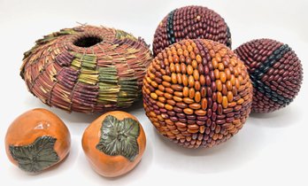 Hand Woven Basket, 3 Bean Covered Decorative Balls & 2 Ceramic Persimmons Faux Fruit