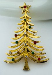 GOLD TONE MULTI COLOR RHINESTONE CHRISTMAS TREE BROOCH