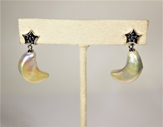 Genuine Cultured Pearl Moon Shaped Sterling Silver Pierced Earrings