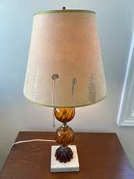 Deep Amber Glass & Marble Base Lamp With Botanical Shade