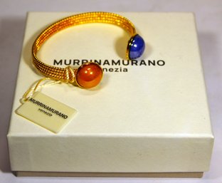 Murrun Amurano Venice Gold Tone Art Glass Cuff Bracelet W Box