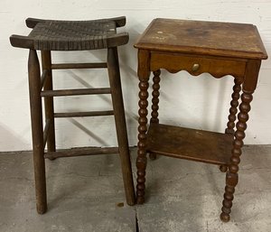 Antique Stool And One Drawer Stand