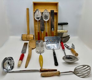 15 Vintage Kitchen Tools Including Set With Bakelite Handles & Wood Cutlery Organizer Box