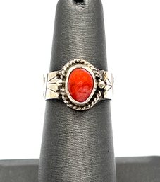 Vintage Designer Sterling Silver Coral Color Etched Ornate Ring, Size 6