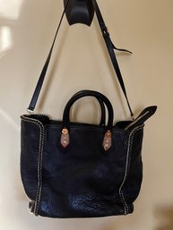Henri Bendel Tote, Black Embossed Leather With Gold Trim