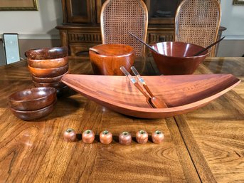 Very Nice Vintage /  Retro Mid Century Teak Bowl & Candle Holders With Other Bowls & Serving Pieces - NICE !