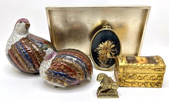 2 Quail Figurines With Gold Accents, Hand Painted Box, Brass Horse, Welt Elm Tray & Framed Pressed Flower