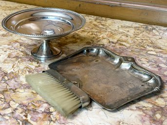 A Vintage Weighted Sterling Silver Compote, And A Crumb Catcher