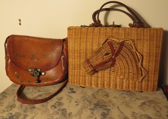 Pair Of Vintage Handbags One In Tooled Leather, The Other Wickered In A Horse Motif