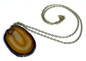 Vintage Petrified Wood Pendant Silver Tone Necklace 24' Long