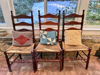 Three Very Rare Antique Ladder Back Chairs  With Rush Seats And Uniquely Crafted  Handmade Pillows